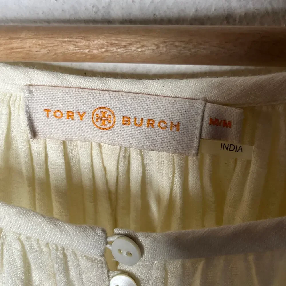 Tory‎ Burch Luna Gauzy Cream Embroidered Peasant Blouse Scoop Neck Size Medium